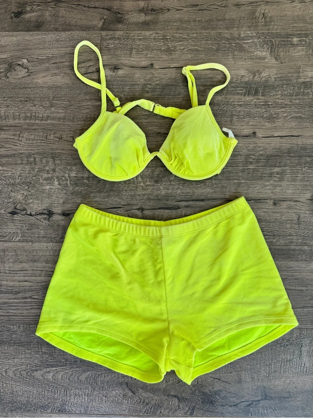 Vintage Neon Yellow Women’s Bikini Top and Swim Shorts Set